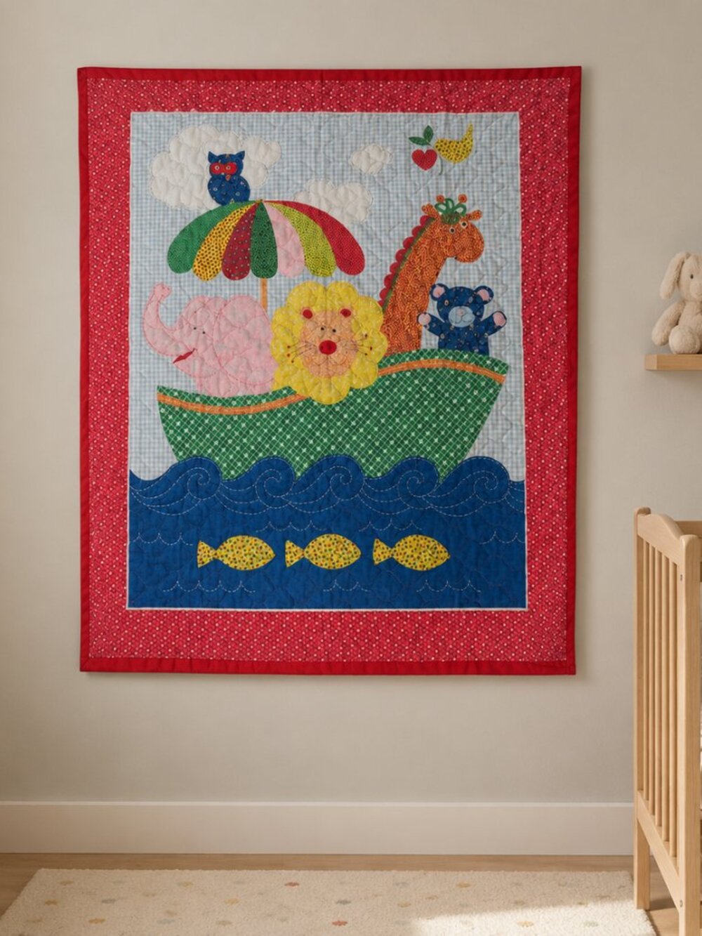 Vtg 70s Baby Blanket Hand Made Quilt Animals Elephant lion giraffe arc